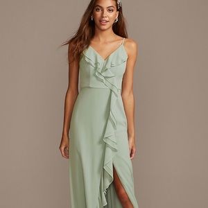 Ruffle Spaghetti-Strap Chiffon Dress with Slit